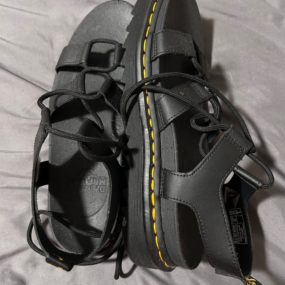 Dr. Martens Black Strappy Sandals with Yellow Accents